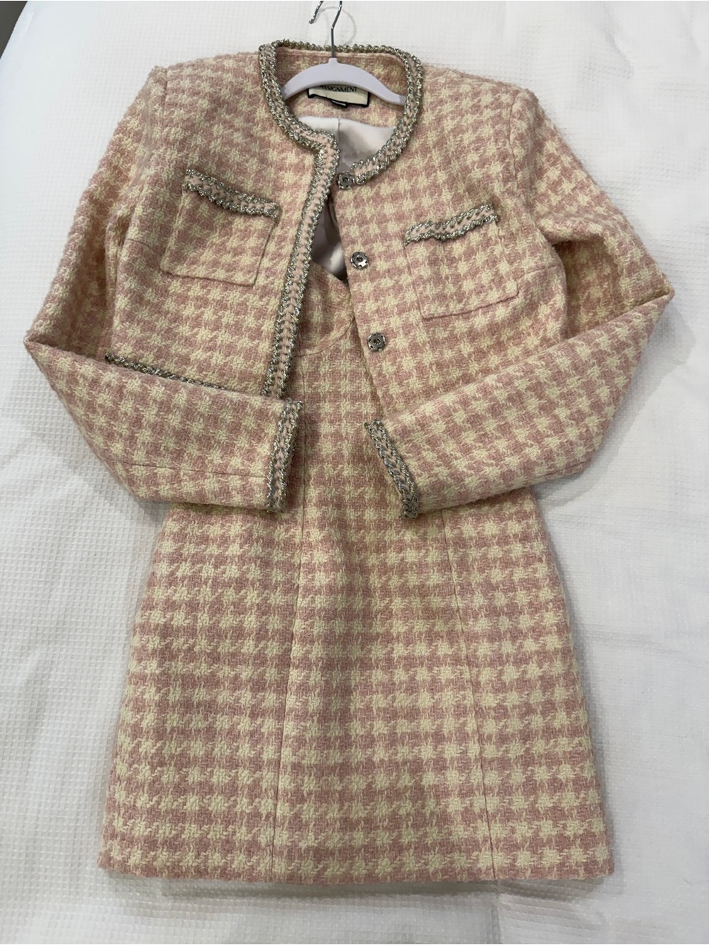 Revolve Aviana Pink & White Tweed Houndstooth Mini Dress & Blazer Set